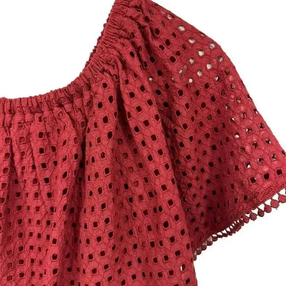 Anthropologie The Odells Off the Shoulder Eyelet Brick Color Blouse, Small - Picture 5 of 12